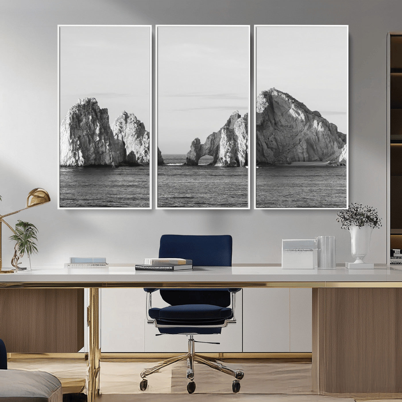 18810731-MGV-CV-36X24-Rugged Coastline Wall Art Canvas Print, Framed Ocean Cliffs Art Picture Print, Monochrome Seascape Perfect Coastal Minimalist