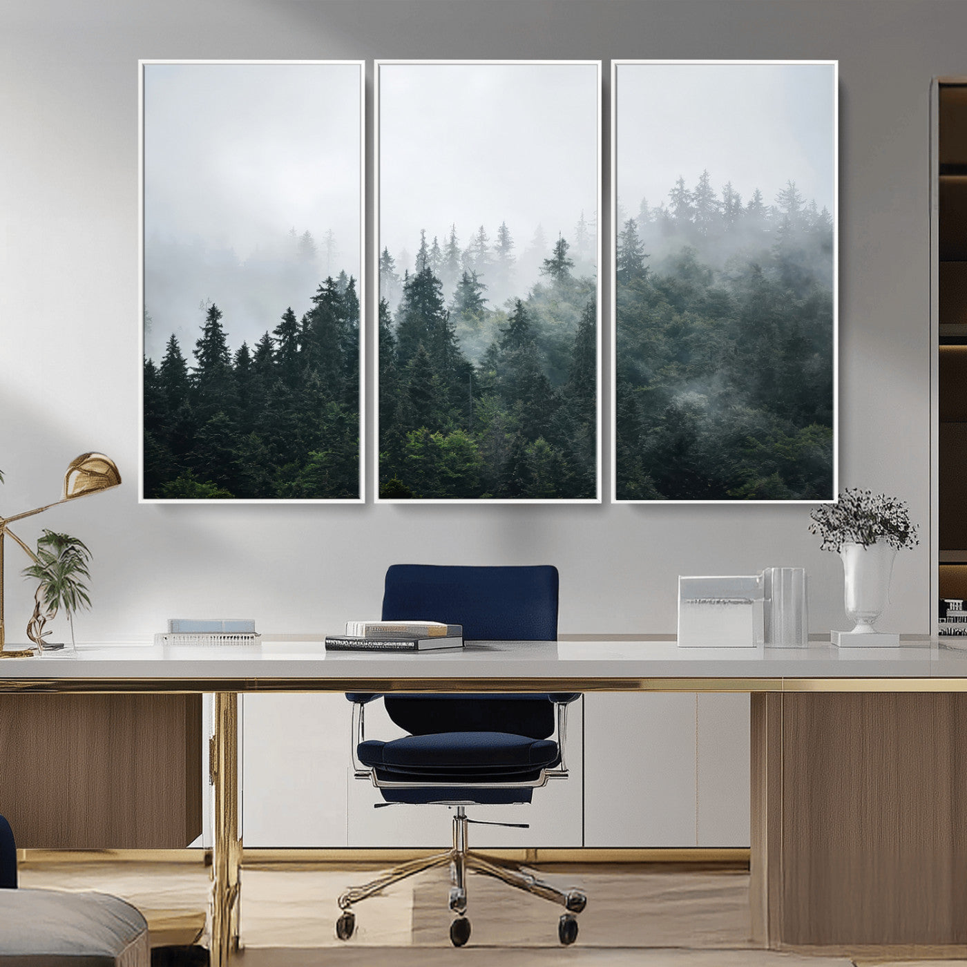 84146572-MGV-CV-36X24-Foggy Pine Trees Wall Art Canvas Print, Framed Forest Nature Art Picture Print, Evergreen Forest Perfect Scandinavian Minimalist