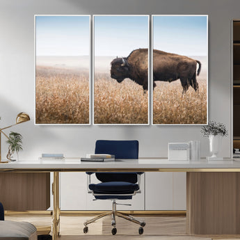 99620201-MGV-CV-36X24-Wild Bison Wall Art Canvas Print, Framed Bison in Prairie Art Picture Print, Rustic Western Perfect Rustic Western Decor Artwork