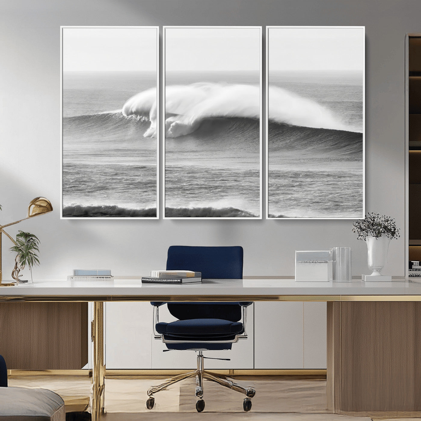 42544082-MGV-CV-36X24-Monochrome Seascape Wall Art Canvas Print, Framed Surf Wave Art Picture Print, Minimalist Ocean Perfect Moody Coastal Decor