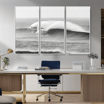 42544082-MGV-CV-36X24-Monochrome Seascape Wall Art Canvas Print, Framed Surf Wave Art Picture Print, Minimalist Ocean Perfect Moody Coastal Decor