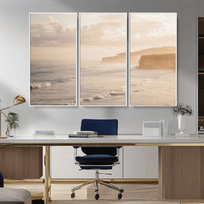 57669769-MGV-CV-36X24-Misty Coastal Wall Art Canvas Print, Framed Golden Sunset Art Picture Print, Serene Shoreline Perfect Tranquil Coastal Decor