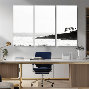 40875891-MGV-CV-36X24-SurferCliffs Wall Art Canvas Print, Framed Black White Beach Art Picture Print, Ocean Waves Perfect Minimalist Coastal Decor