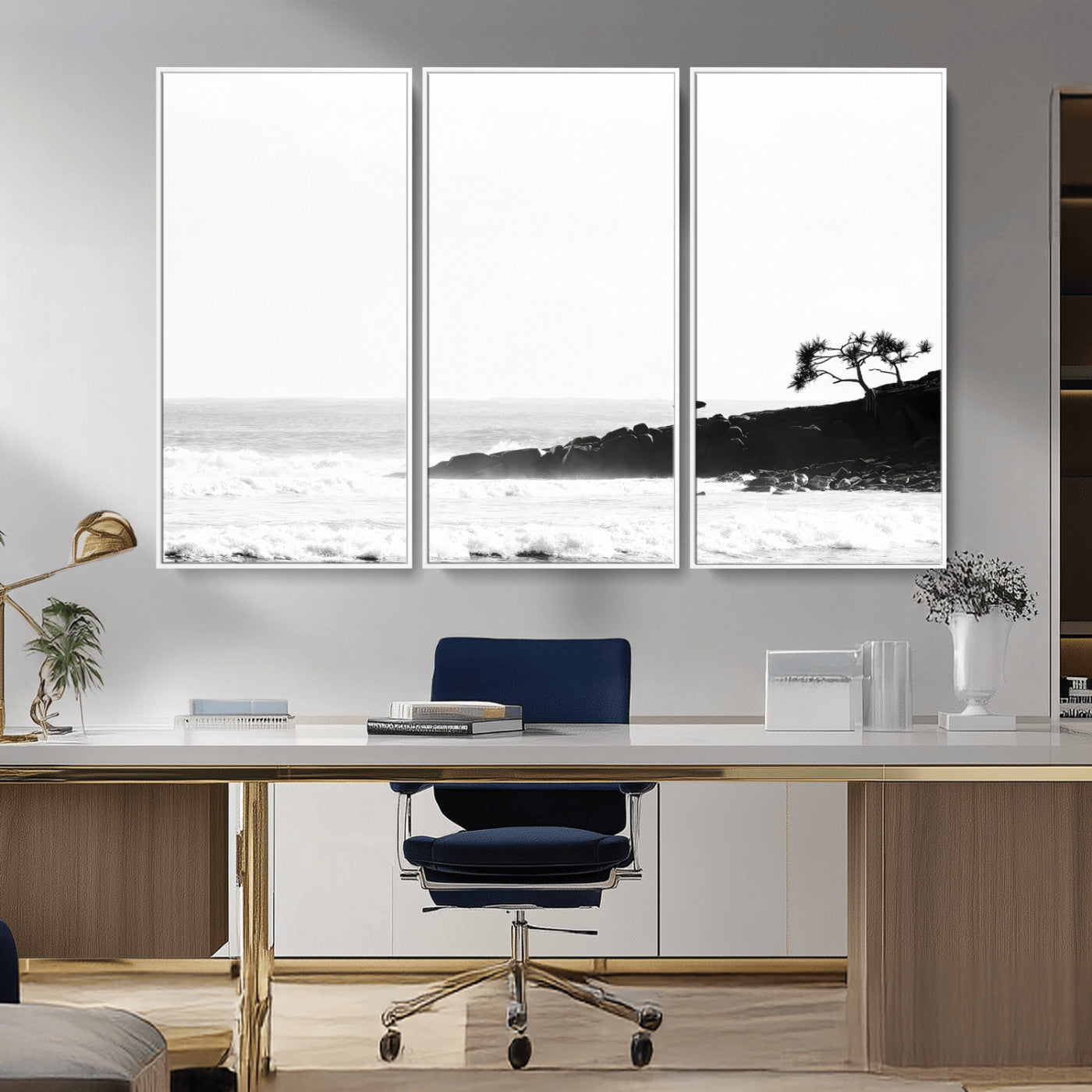 40875891-MGV-CV-36X24-SurferCliffs Wall Art Canvas Print, Framed Black White Beach Art Picture Print, Ocean Waves Perfect Minimalist Coastal Decor