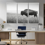 28435251-MGV-CV-36X24-Bison In Prairie Wall Art Canvas Print, Framed Rustic Wildlife Art Picture Print, Wild Buffalo Perfect Rustic Western Decor