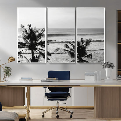 17508038-MGV-CV-36X24-Tropical Coastline Wall Art Canvas Print, Framed Palm Trees Art Picture Print, Ocean Waves Perfect Minimalist Coastal Decor