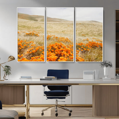 28972262-MGV-CV-36X24-Golden Wildflowers Wall Art Canvas Print, Framed Hills Bloom Art Picture Print, Poppy Meadow Perfect Rustic Nature Decor Artwork