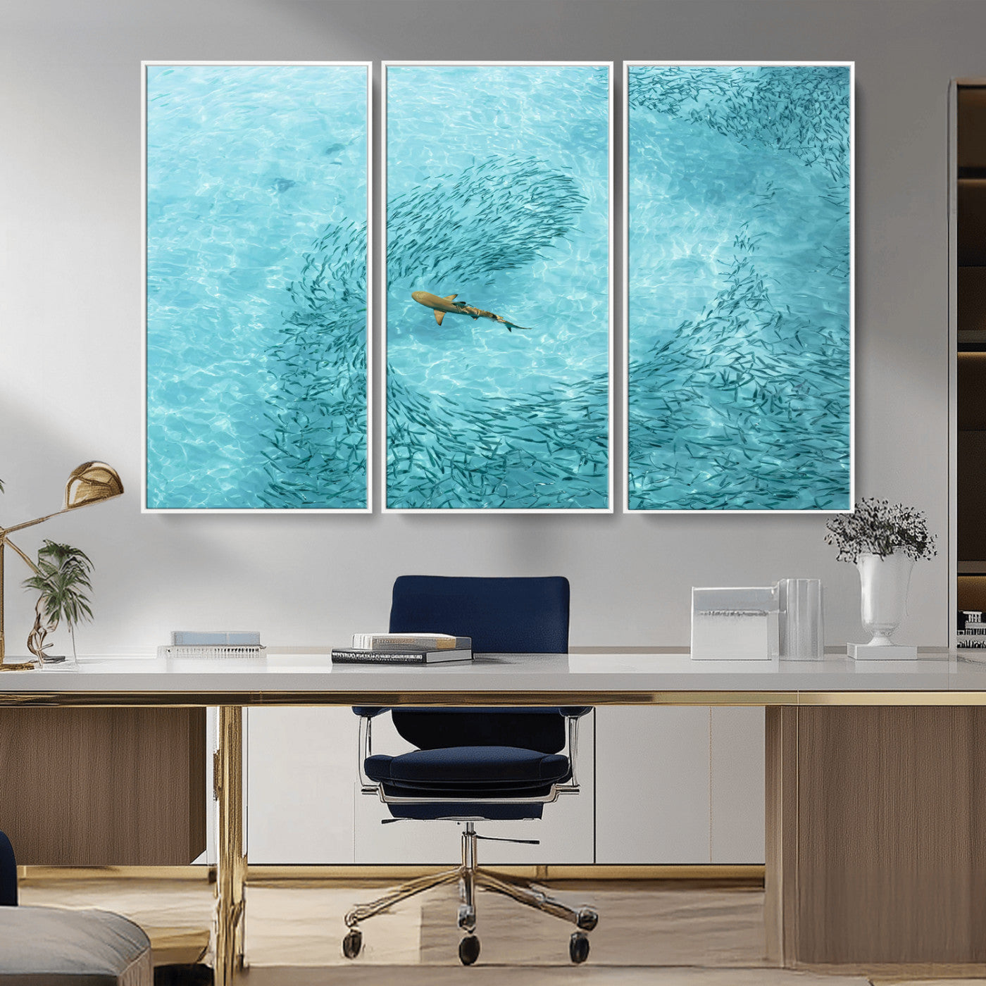 43671474-MGV-CV-36X24-Fish Swarm Wall Art Canvas Print, Framed Marine Life Art Picture Print, Shark Aerial Perfect Wildlife Coastal Decor Artwork