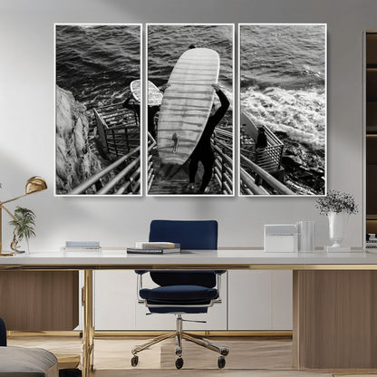 32353707-MGV-CV-36X24-Black White Surfing Wall Art Canvas Print, Framed Coastal Surfing Art Picture Print, Wave Riders Perfect Coastal Adventure Decor