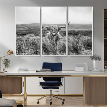 24051061-MGV-CV-36X24-Monochrome Highland Cow Wall Art Canvas Print, Framed Scottish Bull Art Picture Print, Lone Cattle Perfect Rustic Farmhouse Decor
