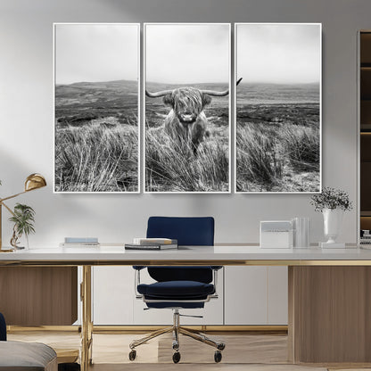 24051061-MGV-CV-36X24-Monochrome Highland Cow Wall Art Canvas Print, Framed Scottish Bull Art Picture Print, Lone Cattle Perfect Rustic Farmhouse Decor