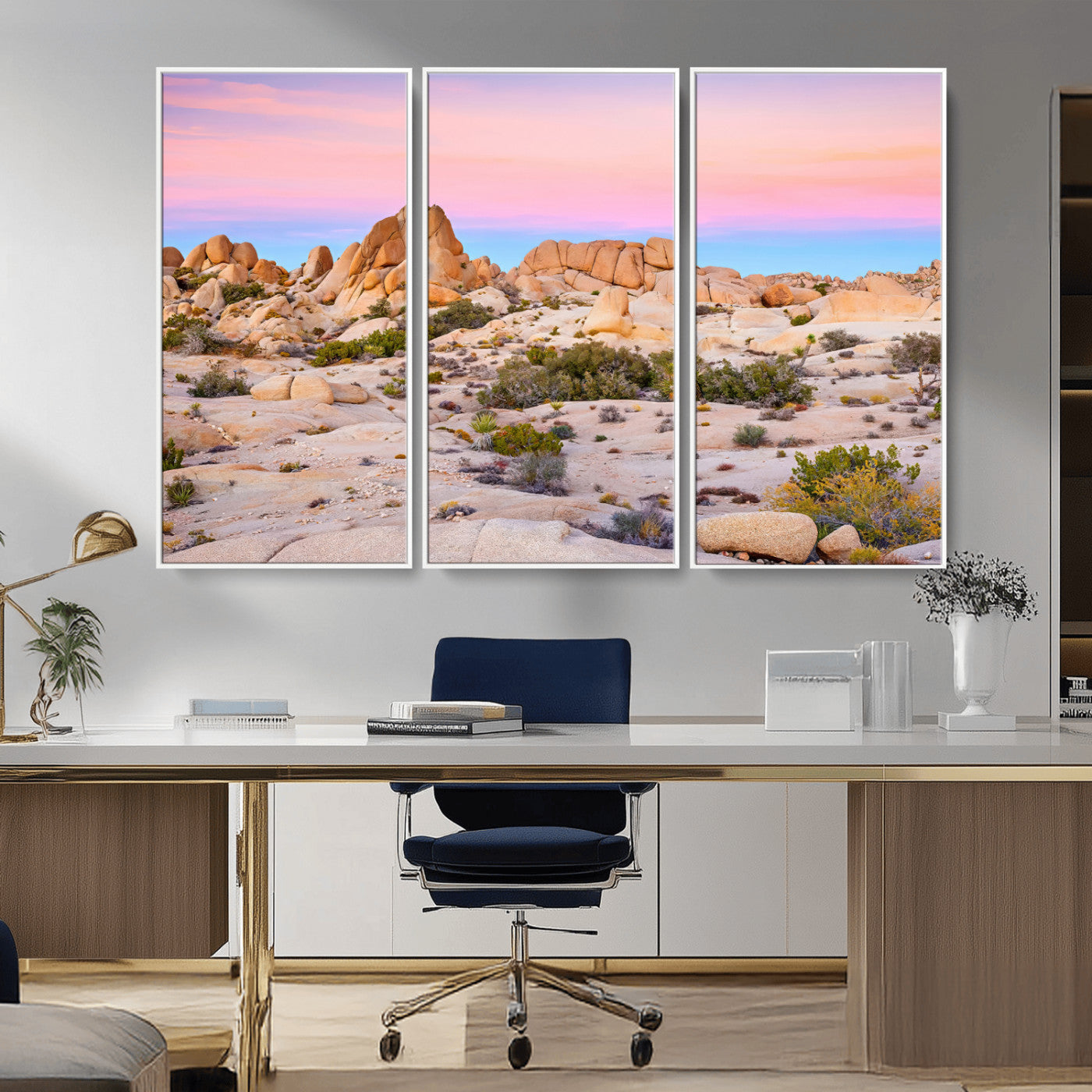 96167137-MGV-FC-48X32-3P_White-Vibrant Sunset Sky Wall Art Canvas Print, Framed Joshua Tree Art Picture Print, Rugged Terrain Perfect Southwestern Boho Decor