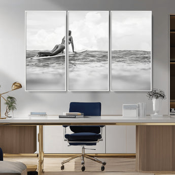 69798068-MGV-CV-36X24-Black White Surfing Wall Art Canvas Print, Framed Ocean Horizon Art Picture Print, Surfer Girl Perfect Coastal Adventure Decor