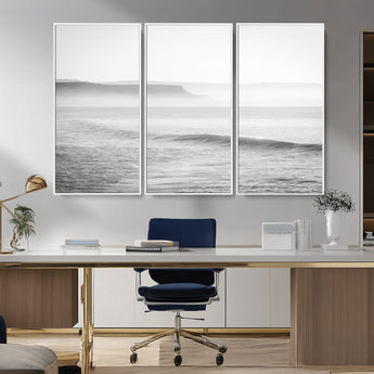 60635783-MGV-CV-36X24-Black White Seascape Wall Art Canvas Print, Framed Ocean Waves Art Picture Print, Misty Coastal Perfect Minimalist Coastal Decor