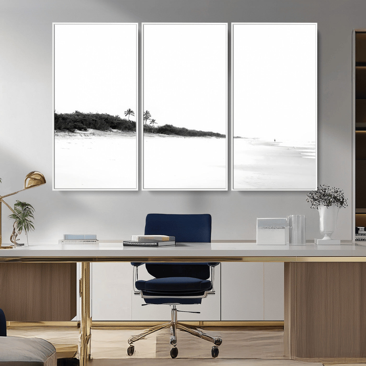 29611516-MGV-CV-36X24-Black White Beach Wall Art Canvas Print, Framed Palm Trees Art Picture Print, Monochrome Tropical Perfect Minimalist Coastal Decor