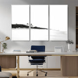 29611516-MGV-CV-36X24-Black White Beach Wall Art Canvas Print, Framed Palm Trees Art Picture Print, Monochrome Tropical Perfect Minimalist Coastal Decor