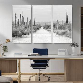 35537313-MGV-CV-36X24-Monochrome Desert Wall Art Canvas Print, Framed Cactus Path Art Picture Print, Southwestern Landscape Perfect Southwestern