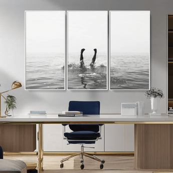 26667396-MGV-CV-36X24-Black White Ocean Wall Art Canvas Print, Framed Monochrome Water Art Picture Print, Diving into Water Perfect Minimalist Aquatic