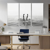26667396-MGV-FC-48X32-3P_White-Black White Ocean Wall Art Canvas Print, Framed Monochrome Water Art Picture Print, Diving into Water Perfect Minimalist Aquatic