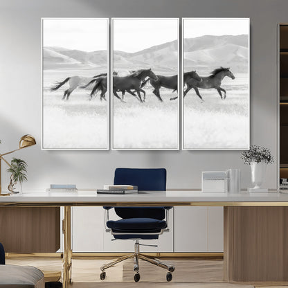 69934913-MGV-CV-36X24-Wild Horses Running Wall Art Canvas Print, Framed Black White Mustangs Art Picture Print, Rustic Western Perfect Rustic Western