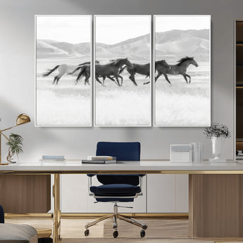 69934913-MGV-CV-36X24-Wild Horses Running Wall Art Canvas Print, Framed Black White Mustangs Art Picture Print, Rustic Western Perfect Rustic Western