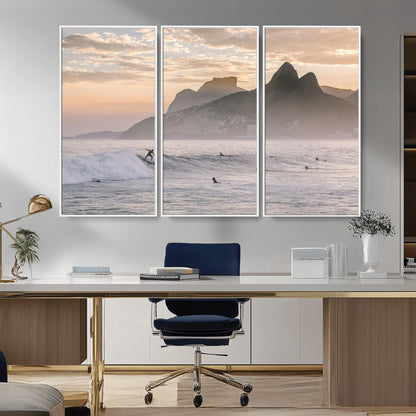 70644906-MGV-CV-36X24-Sunset Surfing Wall Art Canvas Print, Framed Misty Mountains Art Picture Print, Surfer Riding Wave Perfect Coastal Adventure Decor