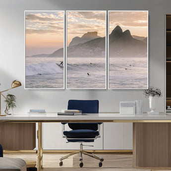 70644906-MGV-CV-36X24-Sunset Surfing Wall Art Canvas Print, Framed Misty Mountains Art Picture Print, Surfer Riding Wave Perfect Coastal Adventure Decor