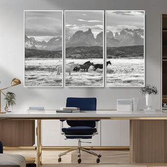 21655040-MGV-CV-36X24-Wild Horses Wall Art Canvas Print, Framed Black White Mountains Art Picture Print, Rustic Countryside Perfect Rustic Western Decor