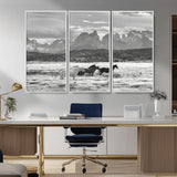 21655040-MGV-CV-36X24-Wild Horses Wall Art Canvas Print, Framed Black White Mountains Art Picture Print, Rustic Countryside Perfect Rustic Western Decor