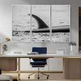 62314230-MGV-CV-36X24-Black White Surfboard Wall Art Canvas Print, Framed Minimalist Beach Art Picture Print, Surf Fin Perfect Minimalist Coastal Decor