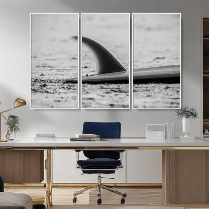 62314230-MGV-CV-36X24-Black White Surfboard Wall Art Canvas Print, Framed Minimalist Beach Art Picture Print, Surf Fin Perfect Minimalist Coastal Decor