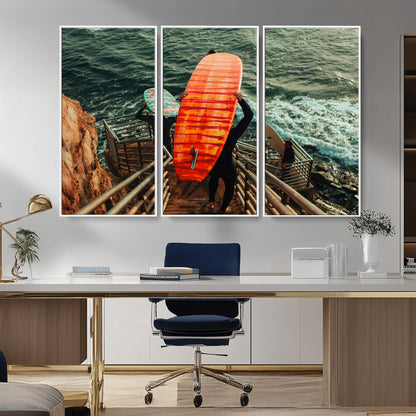 84555848-MGV-CV-36X24-Surfer Stairway Wall Art Canvas Print, Framed Ocean Surf Art Picture Print, Sunset Coastal Perfect Coastal Adventure Decor Artwork