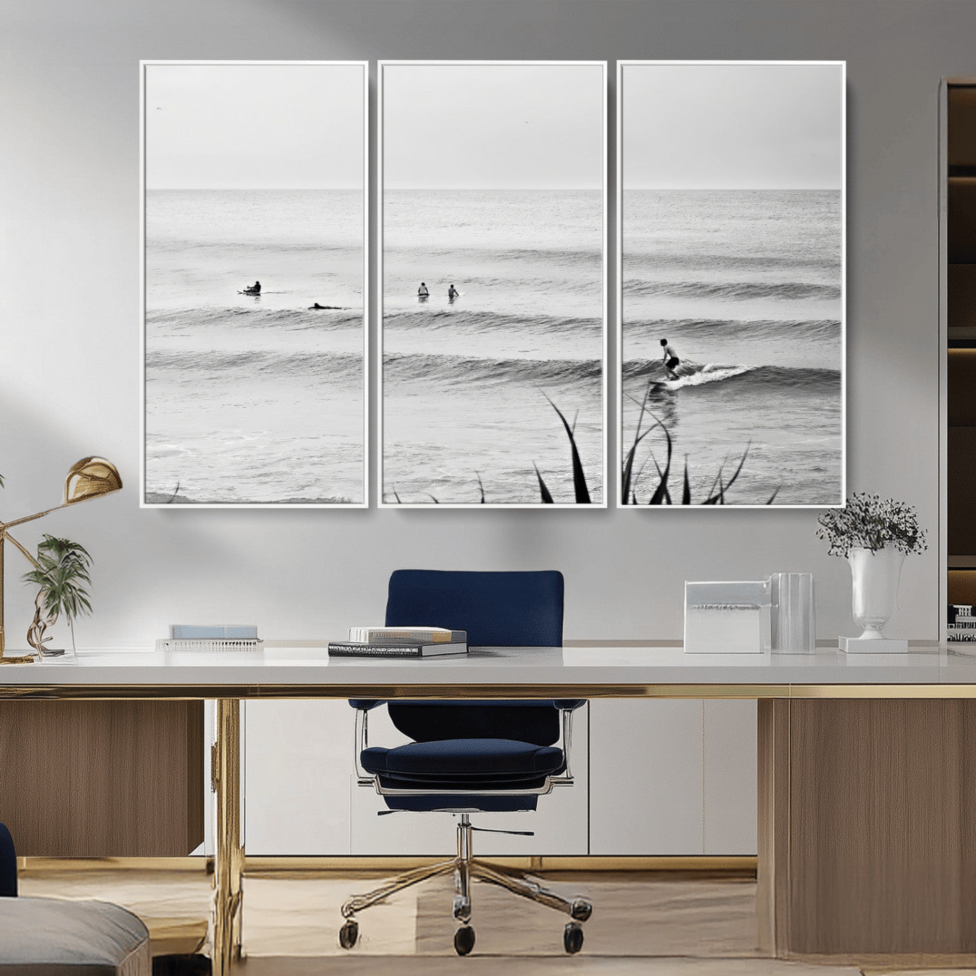 33821421-MGV-CV-36X24-Surfer Silhouette Wall Art Canvas Print, Framed Calm Ocean Art Picture Print, Monochrome Surf Perfect Minimalist Coastal Decor