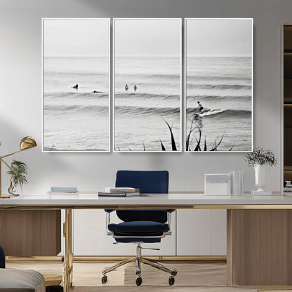 33821421-MGV-CV-36X24-Surfer Silhouette Wall Art Canvas Print, Framed Calm Ocean Art Picture Print, Monochrome Surf Perfect Minimalist Coastal Decor