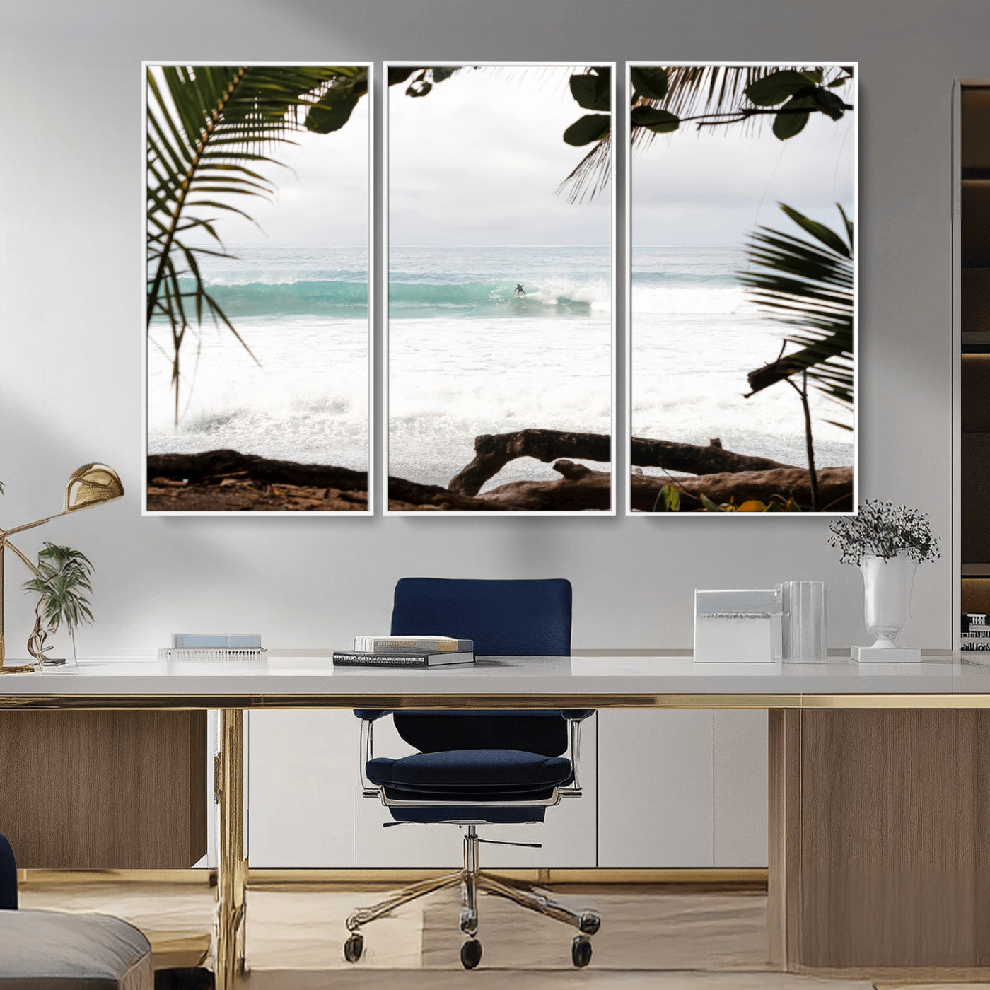 50382104-MGV-FC-48X32-3P_White-Tropical Surf Wall Art Canvas Print, Framed Palm Tree View Art Picture Print, Beach House Art Perfect Boho Coastal Decor Artwork