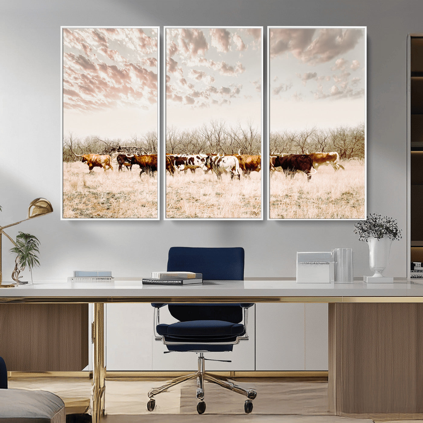 64892775-MGV-CV-36X24-Longhorn Cattle Wall Art Canvas Print, Framed Texas Ranch Art Picture Print, Western Cow Perfect Western Decor Artwork