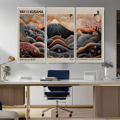 55739266-MGV-CV-36X24-Japanese Wall Art Print – Abstract Yayoi Kusama Inspired Dotted Landscape Poster, Surreal Oriental Mountain and Cherry Blossom