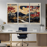 54967195-MGV-FC-48X32-3P_White-Mount Fuji Wall Art – Japanese Cherry Blossom Abstract Canvas Print, Navy Gold Landscape Painting, Oriental Luxury Home Decor