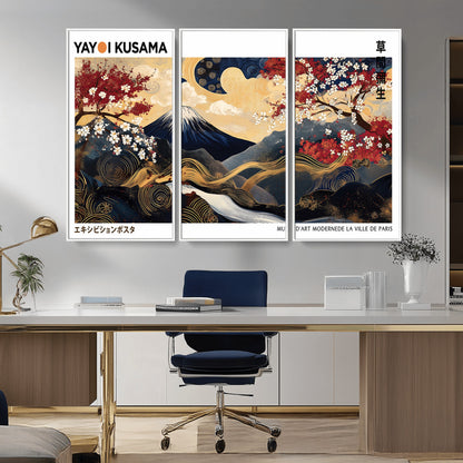 66243961-MGV-FC-48X32-3P_White-Mount Fuji Japanese Wall Art – Golden Abstract Landscape Canvas Print, Cherry Blossom Painting, Modern Oriental Zen Home Decor
