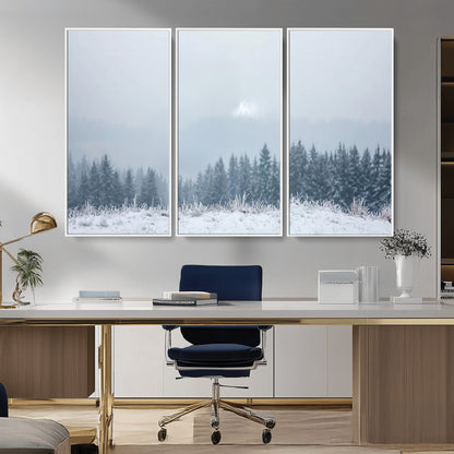 33033082-MGV-CV-36X24-Winter Forest Art Wall Art Canvas Print, Framed Snowy Landscape Art Picture Print, Misty Tree Scene Perfect Nordic Minimalist