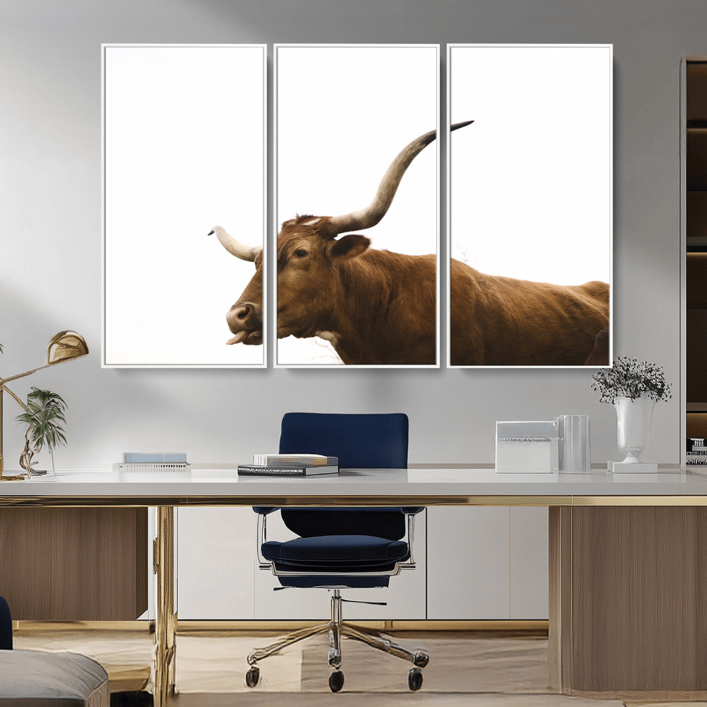 62566114-MGV-CV-36X24-Longhorn Cow Art Wall Art Canvas Print, Framed Rustic Animal Decor Art Picture Print, Texas Bull Photo Perfect Rustic Farmhouse