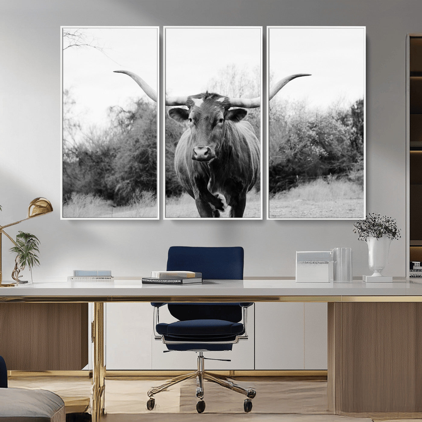 97280319-MGV-CV-36X24-Longhorn Photography Wall Art Canvas Print, Framed Western Cow Decor Art Picture Print, Texas Ranch Style Perfect Rustic Farmhouse