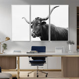99244177-MGV-CV-36X24-Longhorn Photography Wall Art Canvas Print, Framed Western Cow Decor Art Picture Print, Black White Bull Perfect Modern Rustic