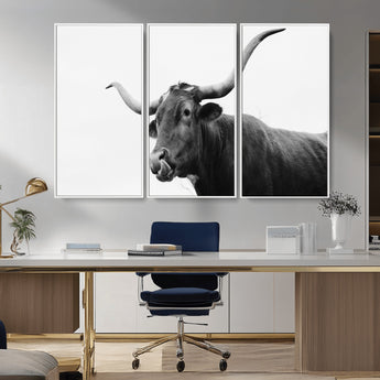 99244177-MGV-CV-36X24-Longhorn Photography Wall Art Canvas Print, Framed Western Cow Decor Art Picture Print, Black White Bull Perfect Modern Rustic