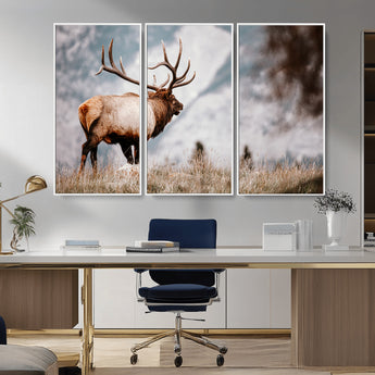 70489411-MGV-FC-48X32-3P_White-Elk Photography Wall Art Canvas Print, Framed Mountain Wildlife Art Picture Print, Rustic Nature Decor Perfect Rustic Lodge Decor