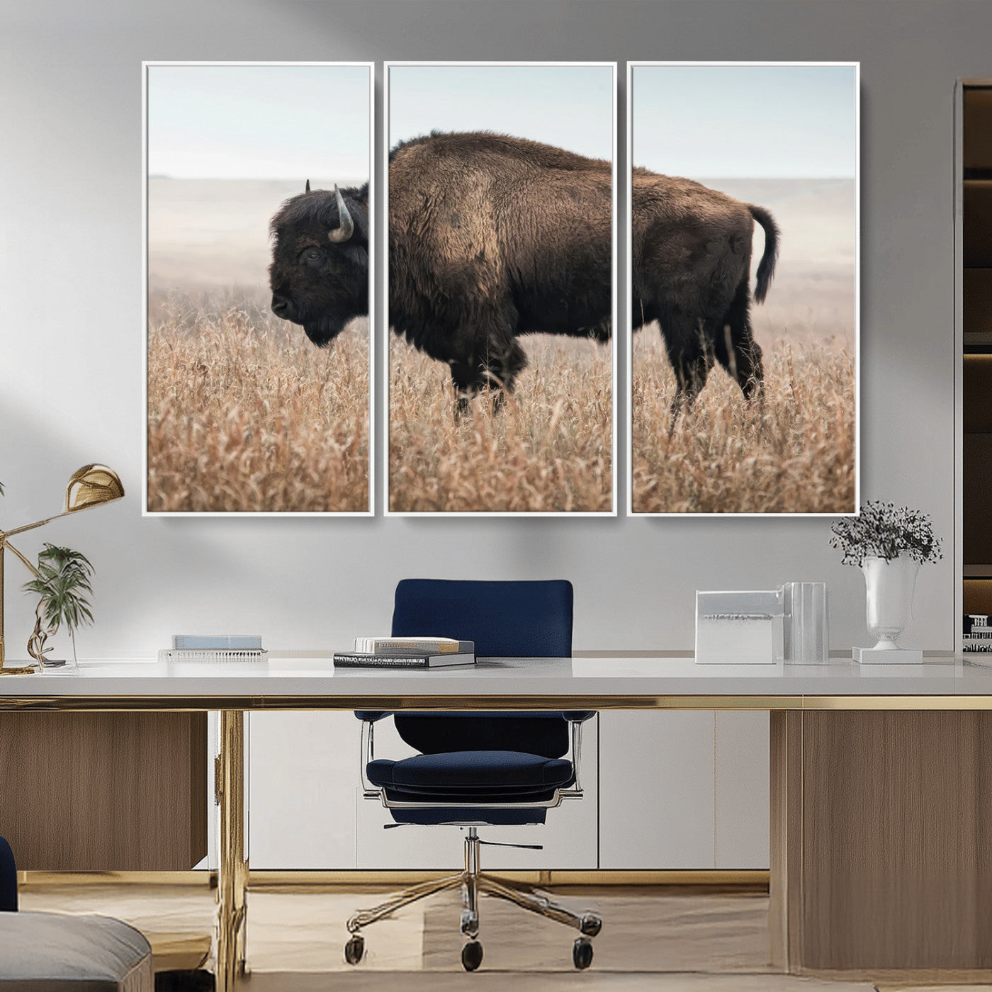 34451925-MGV-CV-36X24-Rustic Bison Decor Wall Art Canvas Print, Framed Buffalo Home Accent Art Picture Print, Prairie Wildlife Scene Perfect Western