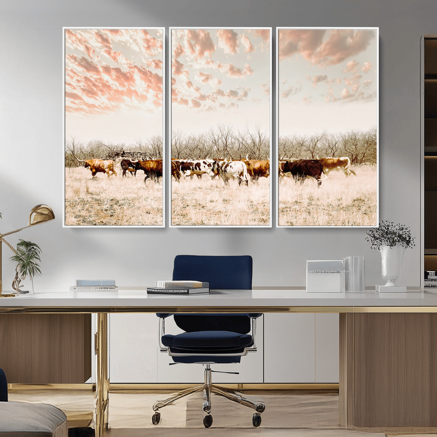 43704663-MGV-CV-36X24-Country Cow Herd Wall Art Canvas Print, Framed Farmhouse Cattle Scene Art Picture Print, Rustic Ranch Decor Perfect Rustic