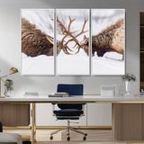 36507609-MGV-CV-36X24-Elk Clash Scene Wall Art Canvas Print, Framed Wildlife Strength Decor Art Picture Print, Snowy Forest Elk Perfect Rustic Lodge