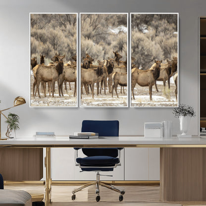 90269422-MGV-FC-48X32-3P_White-Elk Herd Scene Wall Art Canvas Print, Framed Rustic Wildlife Decor Art Picture Print, Western Cabin Style Perfect Rustic Lodge