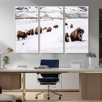 13891210-MGV-FC-48X32-3P_White-Bison Herd Scene Wall Art Canvas Print, Framed Western Wildlife Decor Art Picture Print, Snowy Mountain Valley Perfect Rustic